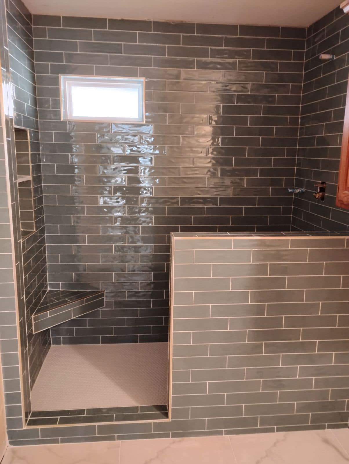 Slate subway tile open shower installed in Coleman TX — bathroom tile by Heart of Texas Flooring