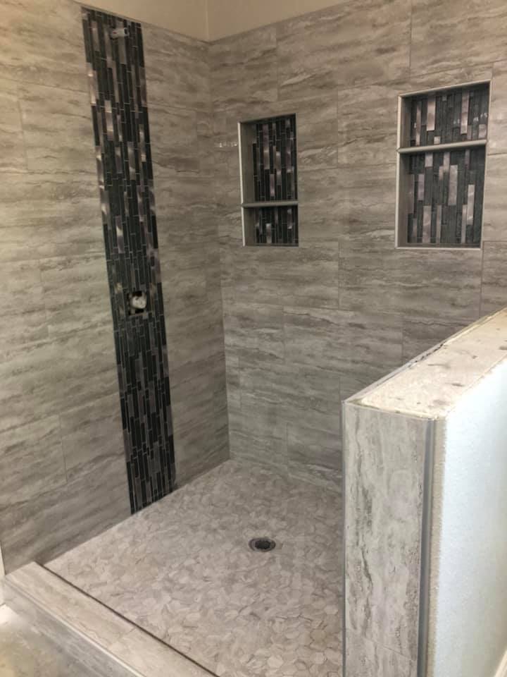 Wood-look tile walk-in shower installation in Santa Anna TX — custom shower tile by Heart of Texas Flooring